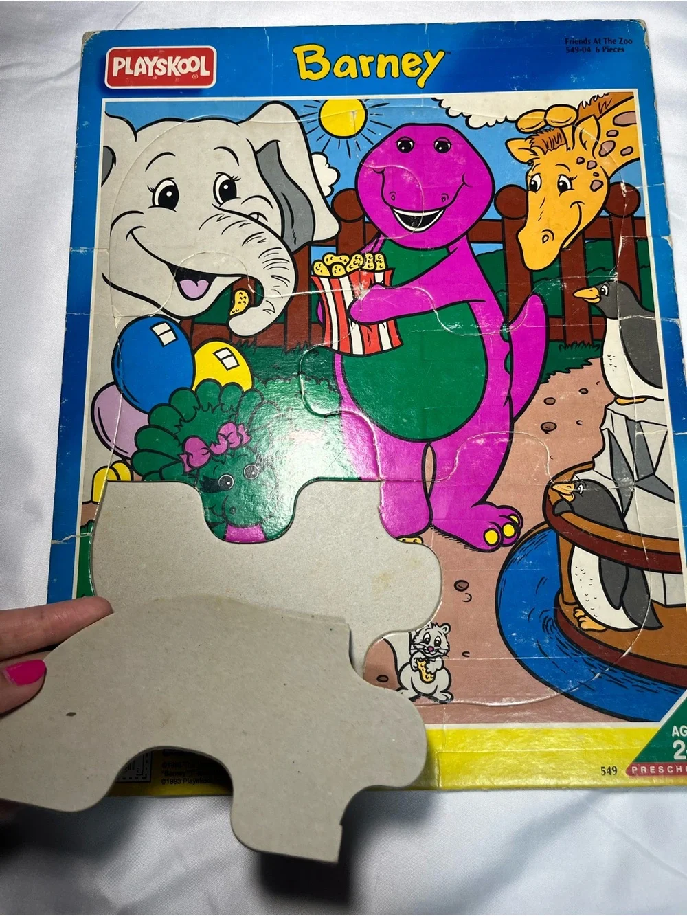 Vintage‎ Barney Friends At The Zoo 6 Piece Tray Puzzle Playskool 1993 Cardboard